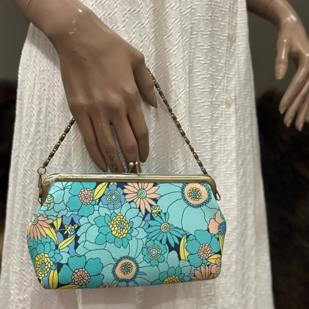 Floral Print Handmade Cowhide Kisslock Clutch/Wristlet/Phone Pouch/Crossbody